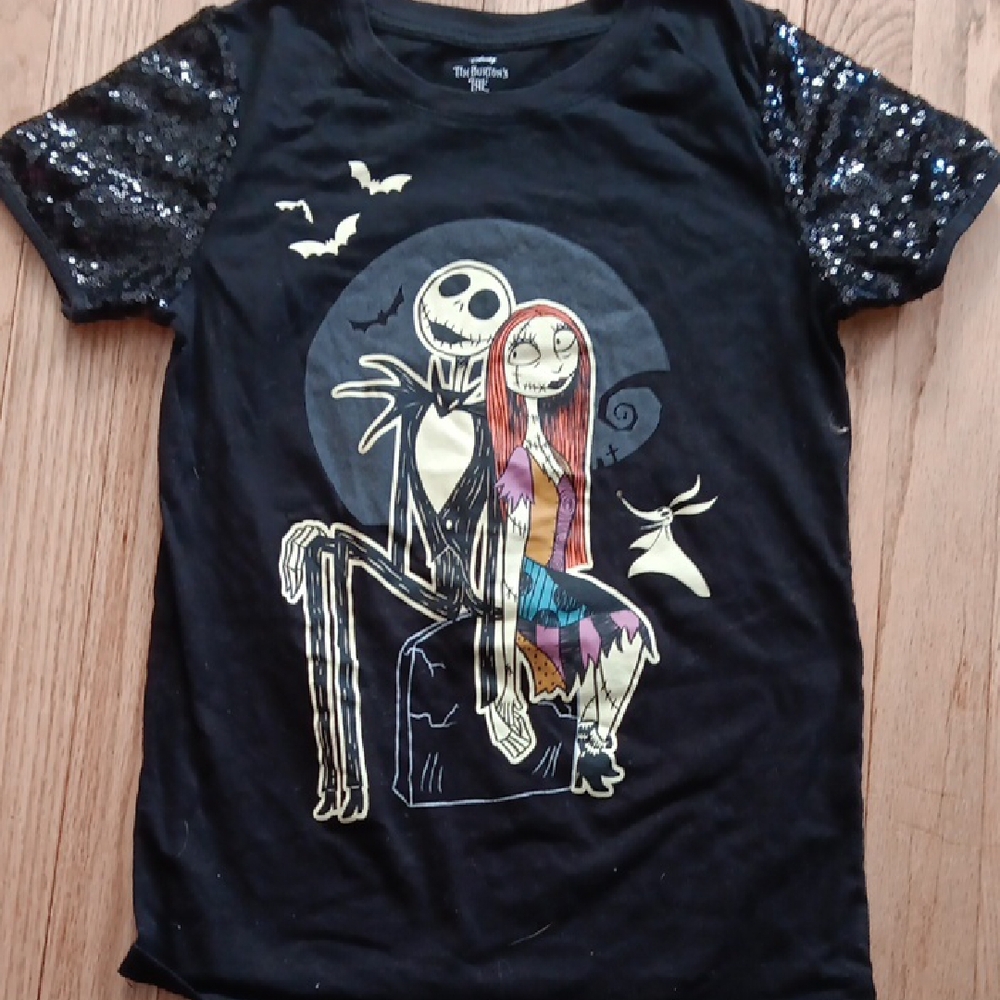 The Nightmare Before Christmas Black Sequin Sleeve T-Shirt Girls 10/12